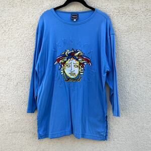 Vintage Versace Jeans Couture Embroidered Medusa Tunic Tee Blue XS